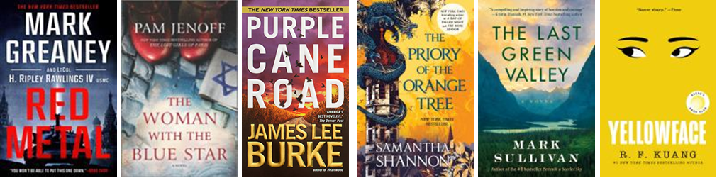 Book covers of the titles Red Metal, The Woman With the Blue Star, Purple Cane Road, The Priory of the Orange Tree, The Last Green Valley, Yellowface
